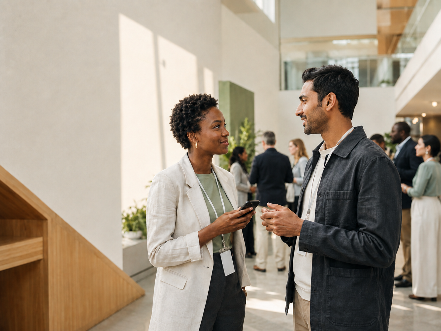 Two professionals exchanging contact details at a conference